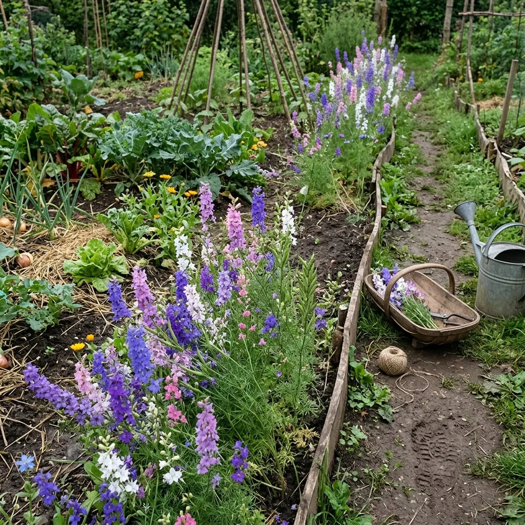 Bande fleurie de pieds d'alouette en bordure d'un potager en permaculture — SemiSauvage