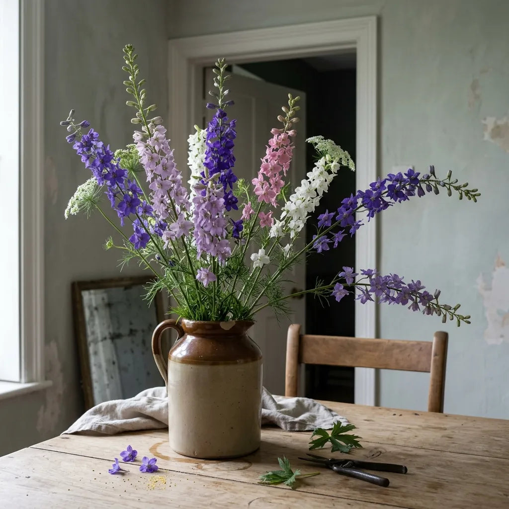 Bouquet frais de pieds d'alouette dans un pichet de grès — SemiSauvage