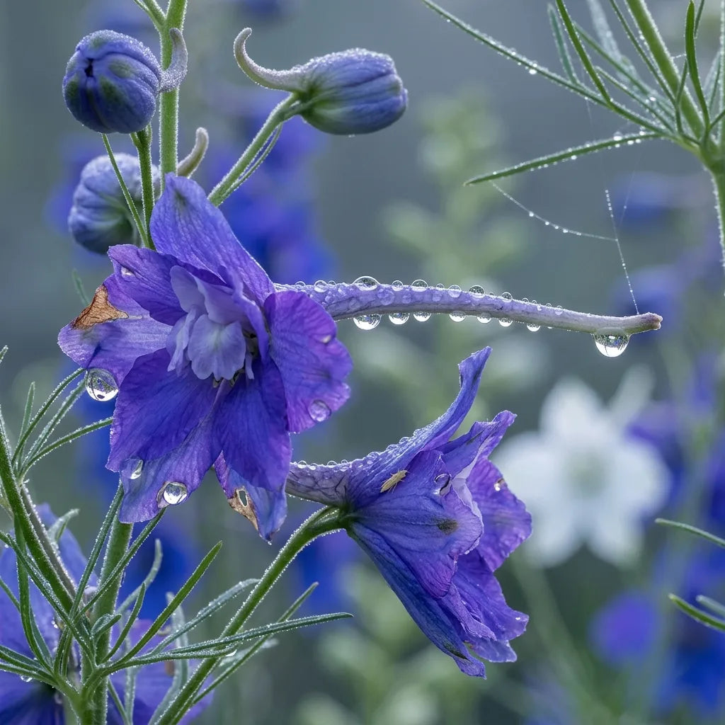 Macro d'une fleur de pied d'alouette et de son long éperon couvert de rosée — SemiSauvage