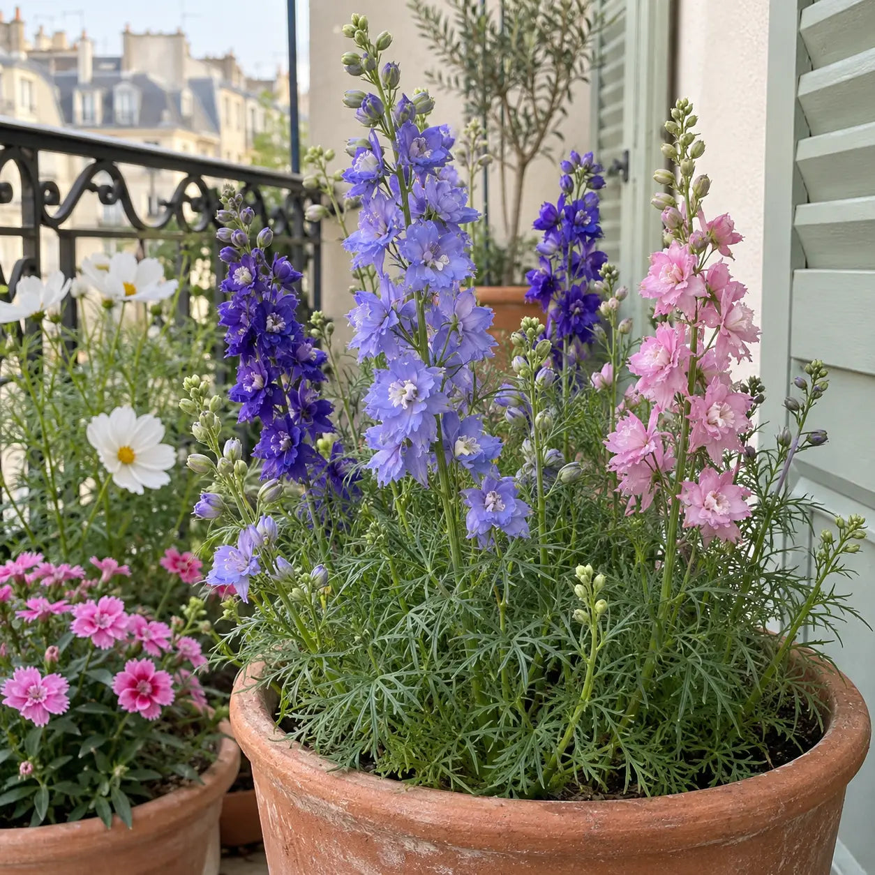 Pieds d’alouette nains aux épis bleus, violets et roses en pot sur un balcon.