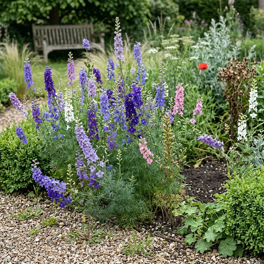 Nappe de pieds d'alouette nains bleus et roses dans un massif de jardin d'ornement — SemiSauvage