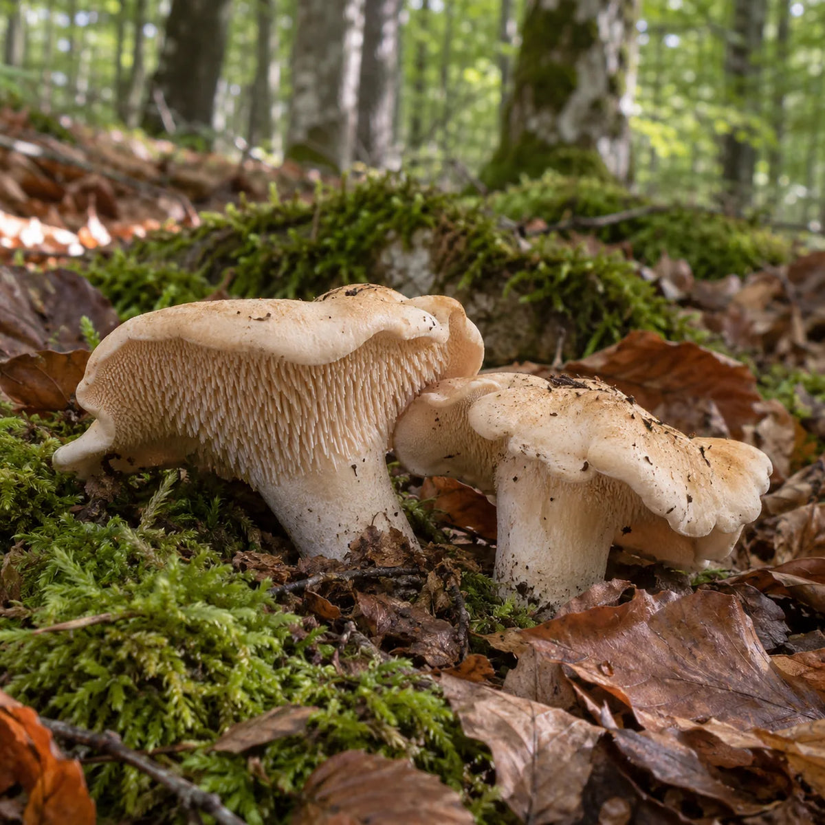Pieds-de-mouton dans la mousse d’un sous-bois.