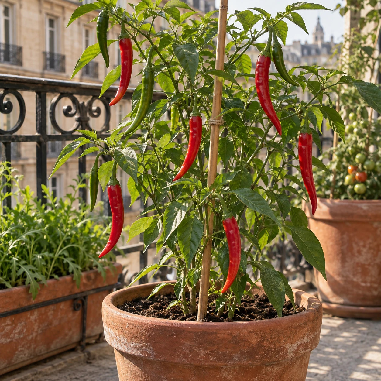 Piments de Cayenne rouges et verts sur un pied cultivé dans un pot en terre cuite.