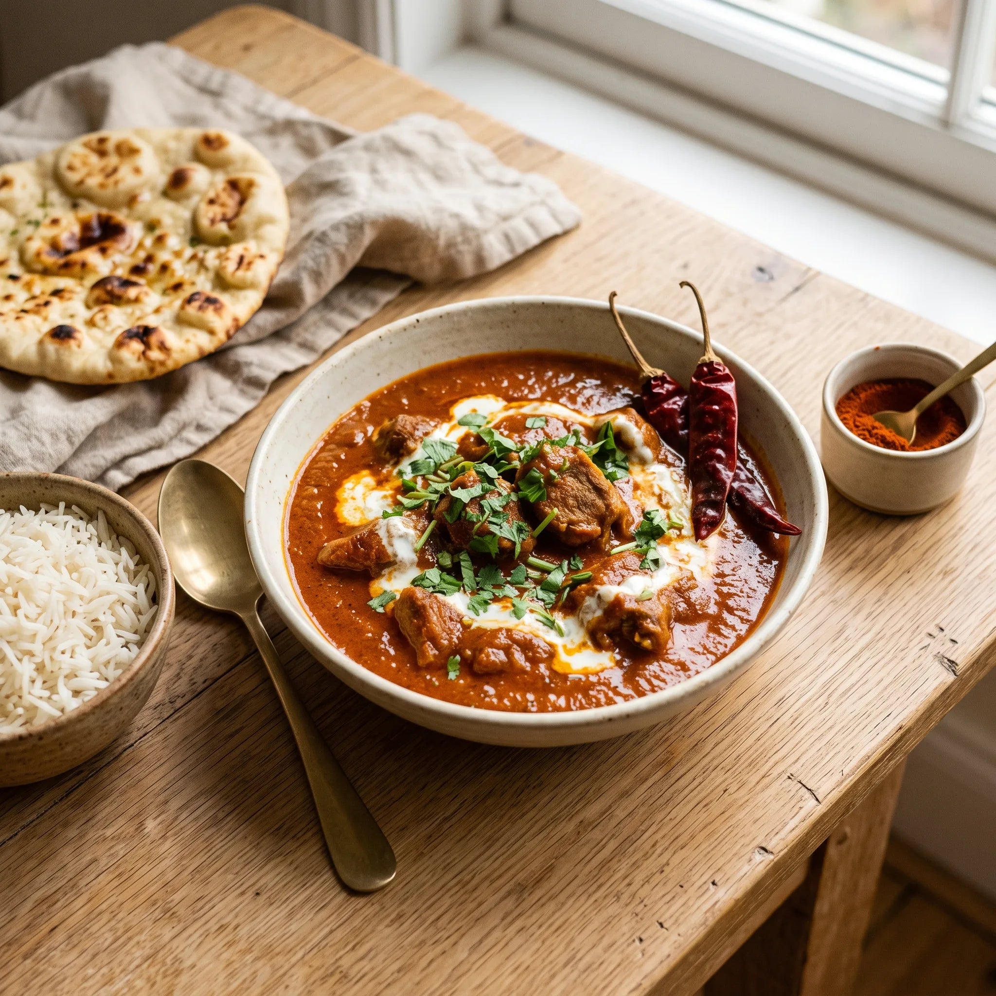 Curry rouge à la kashmirienne coloré au piment Kashmiri, servi avec riz basmati et naan
