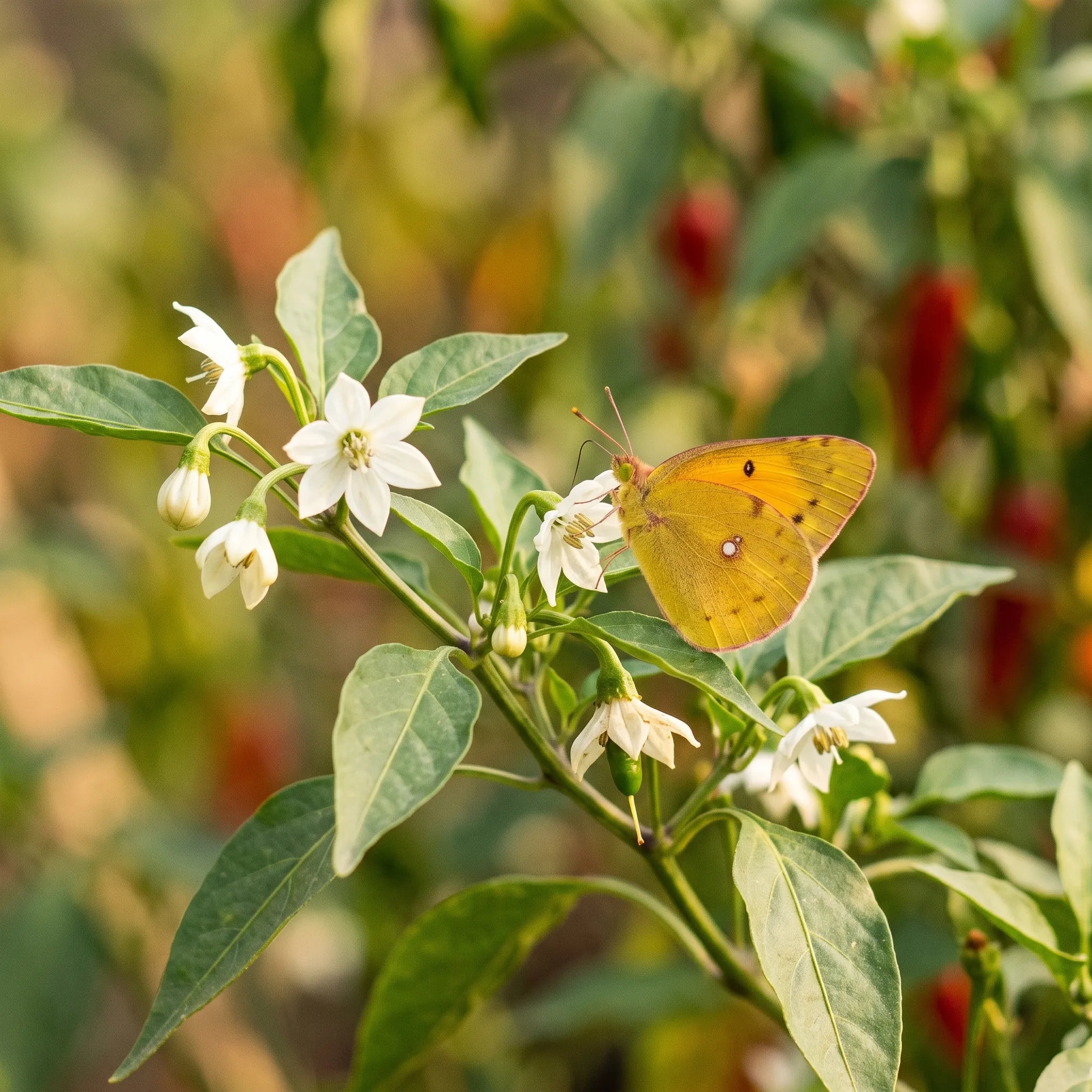 Fleurs blanches étoilées du piment Kashmiri visitées par un papillon Souci