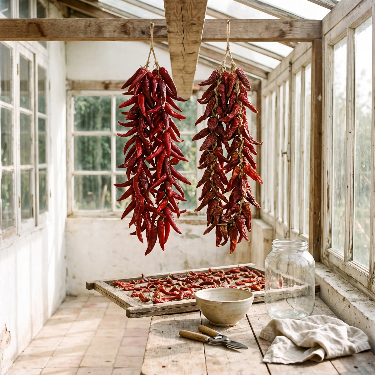 Chapelets de piments Kashmiri en séchage suspendus dans une véranda de jardin lumineuse