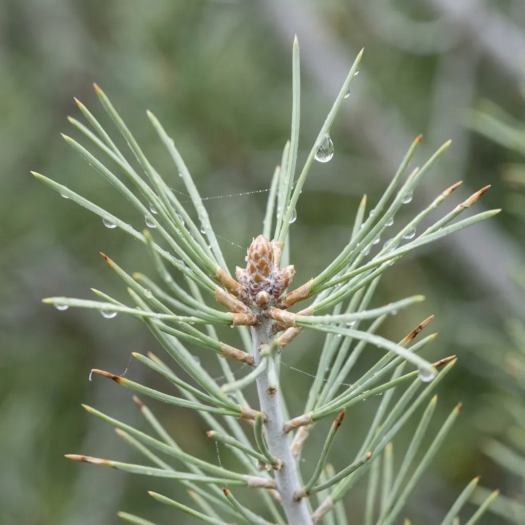 Aiguilles fines groupées par deux et bourgeon résineux de Pinus halepensis sous la rosée — SemiSauvage