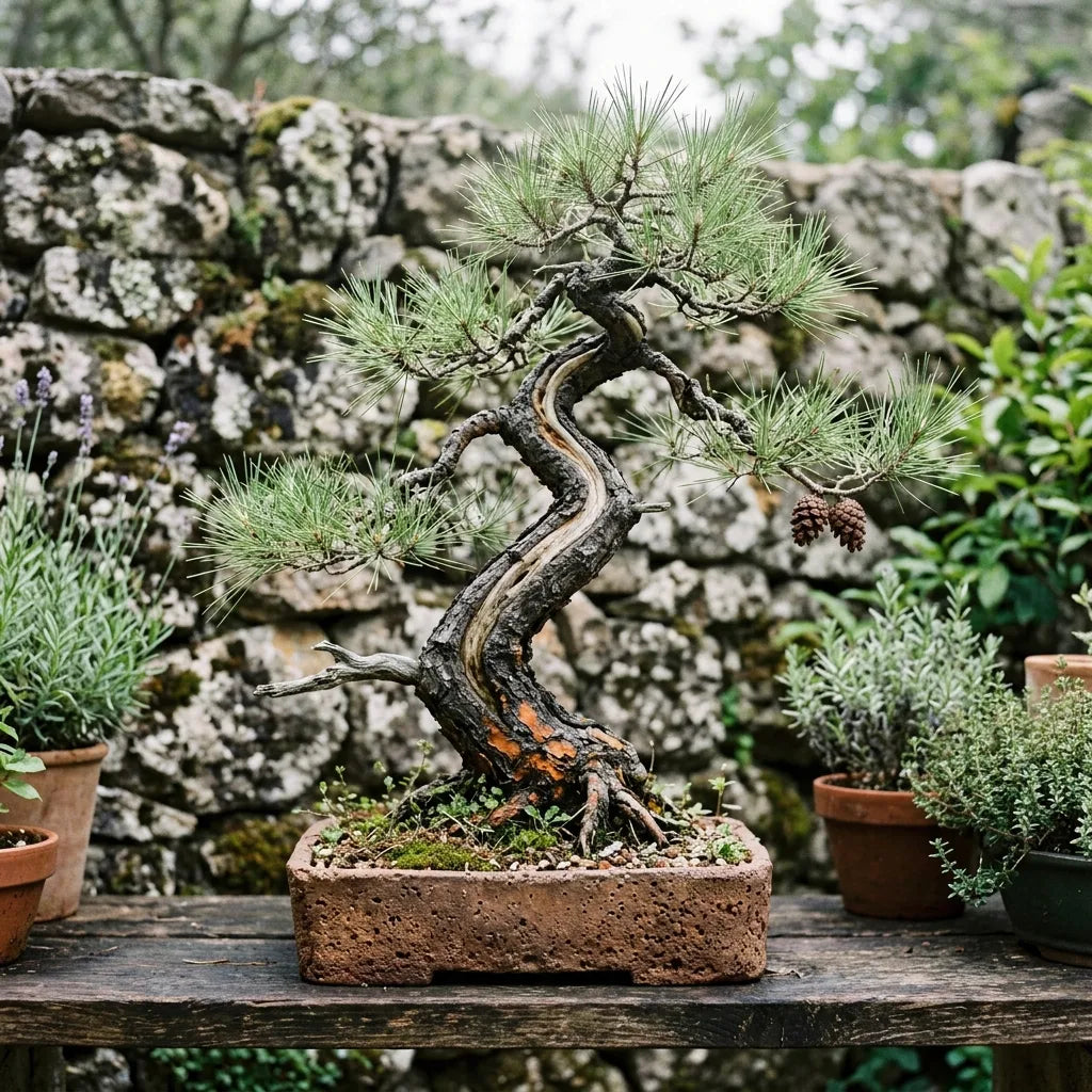 Bonsaï de Pin d'Alep issu d'un yamadori, tronc sinueux et bois mort, sur une étagère de jardin — SemiSauvage