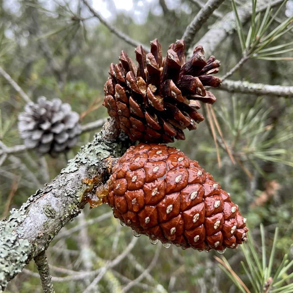 Cônes brun-roux luisants et recourbés de Pinus halepensis, détail botanique — SemiSauvage