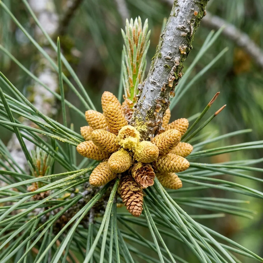 Cônes mâles jaunes du pin d'Alep libérant leur pollen au printemps — SemiSauvage