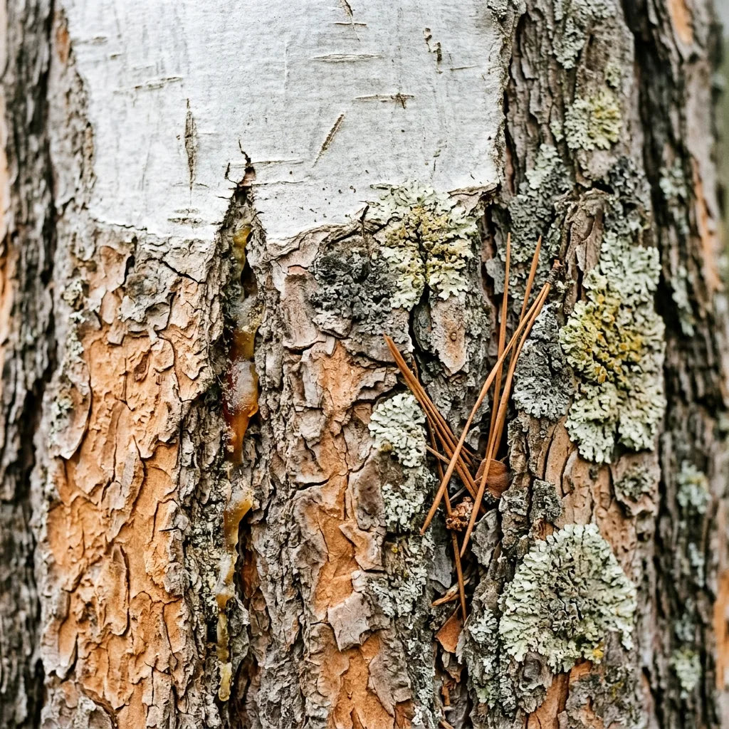 Écorce du pin d'Alep, gris argenté en haut et brun-orangé crevassée à la base — SemiSauvage