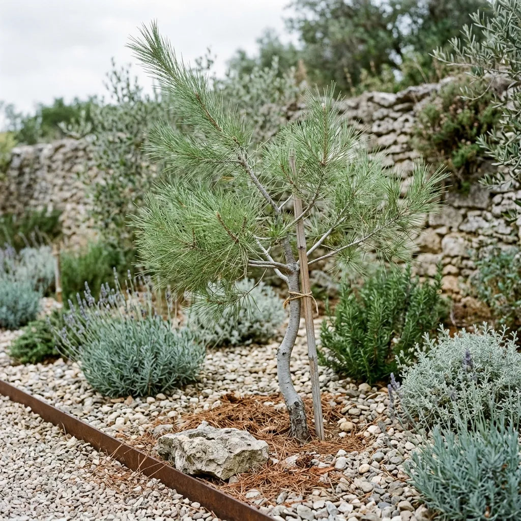 Jeune pin d'Alep planté dans un jardin sec méditerranéen de graviers — SemiSauvage