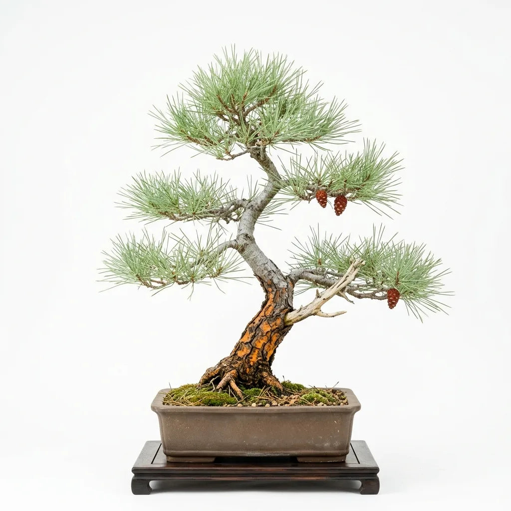 Bonsaï de Pin d'Alep (Pinus halepensis) en coupe de grès, sur fond blanc — SemiSauvage
