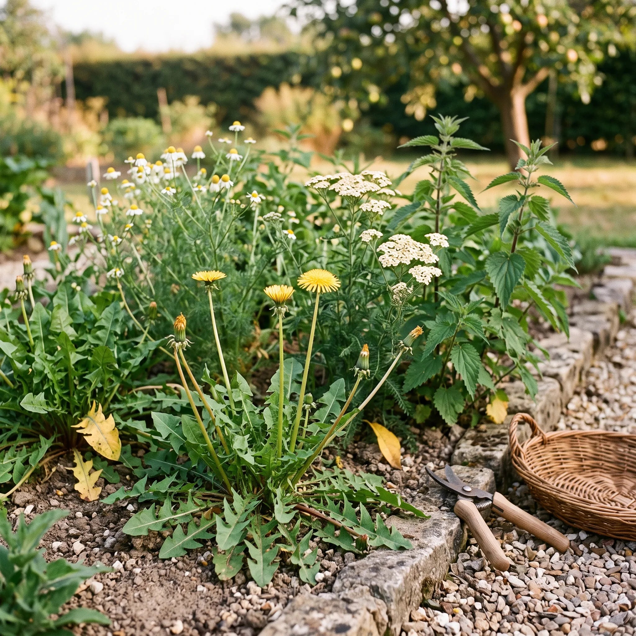 Coin de plantes sauvages utiles : pissenlit associé à la camomille, l'achillée et l'ortie