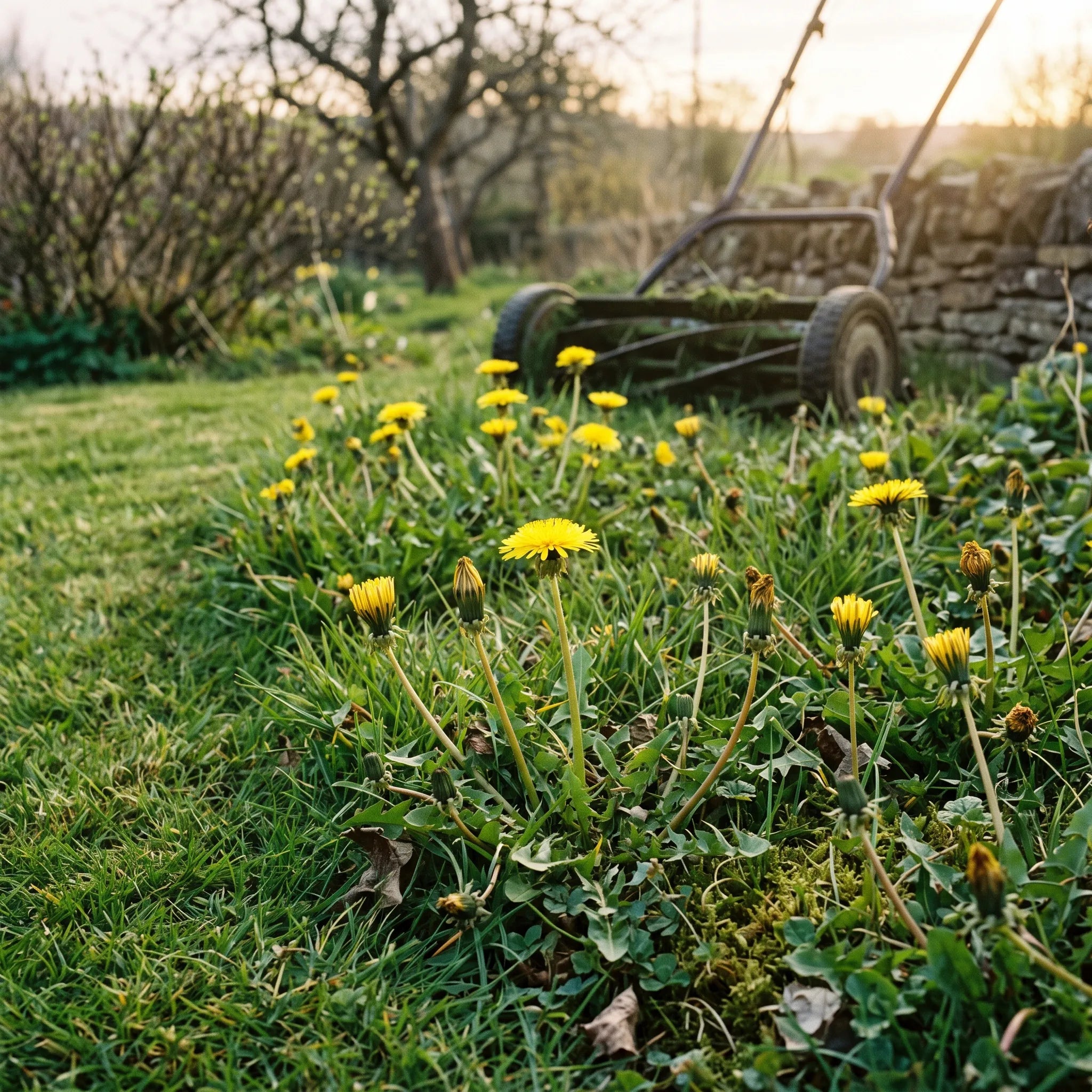 Bande de pelouse laissée non tondue en mars, fleurie de pissenlits pour les pollinisateurs