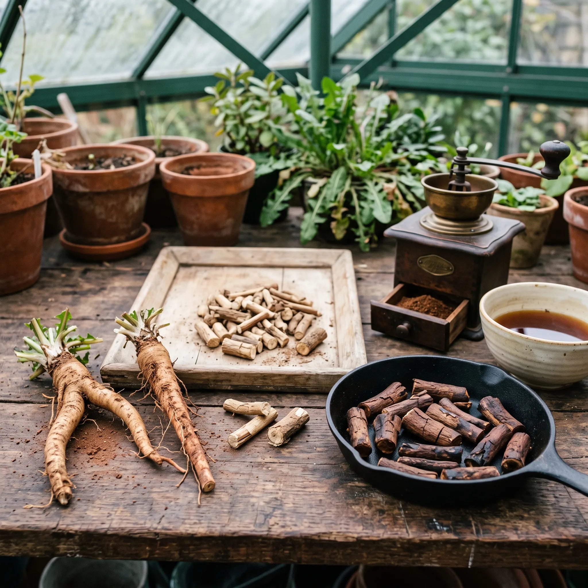 Racines de pissenlit arrachées à l'automne, séchées puis torréfiées en substitut de café