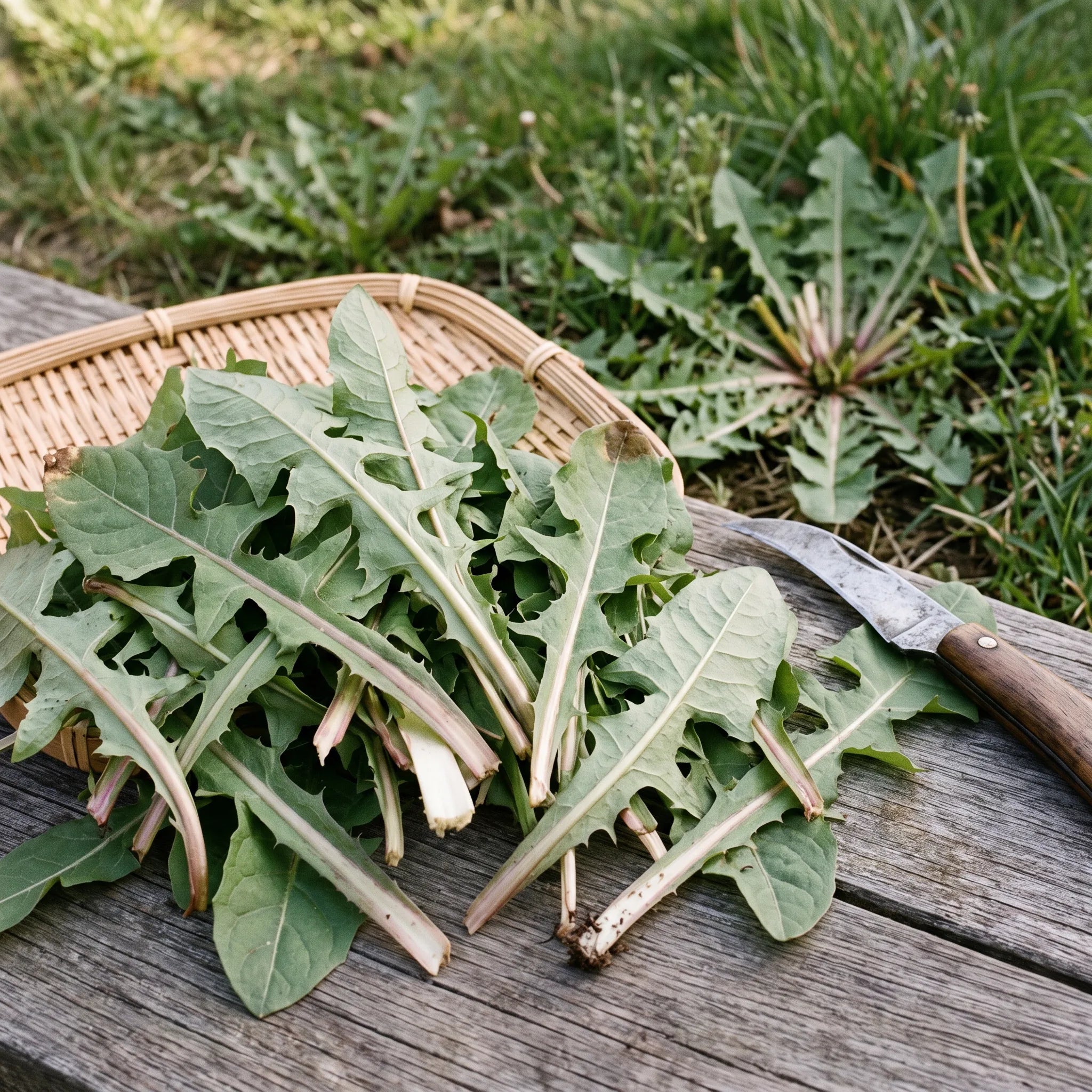 Récolte des jeunes feuilles de pissenlit au printemps, avant la floraison