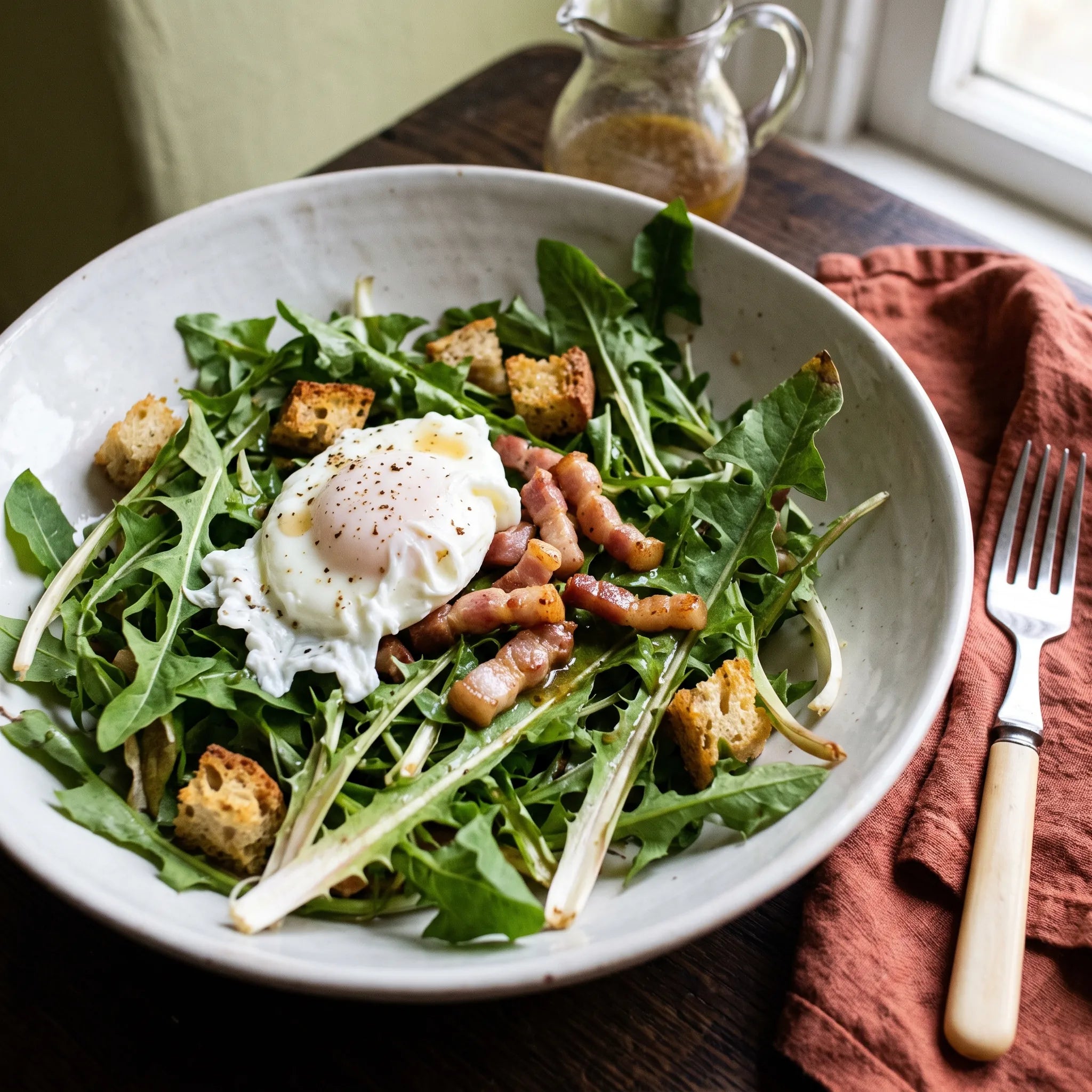 Salade de pissenlit aux lardons et œuf poché dans une assiette en grès