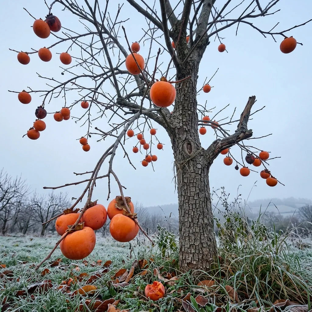 Plaqueminier en hiver, branches nues chargees de fruits orange apres la chute des feuilles