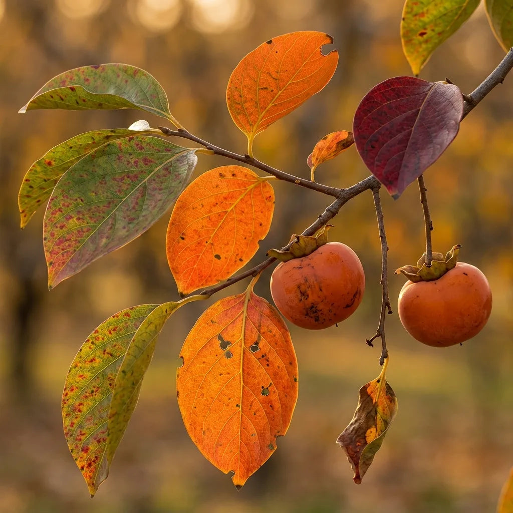 Feuillage d automne flamboyant du plaqueminier Diospyros kaki, feuilles ovales entieres rouge orange