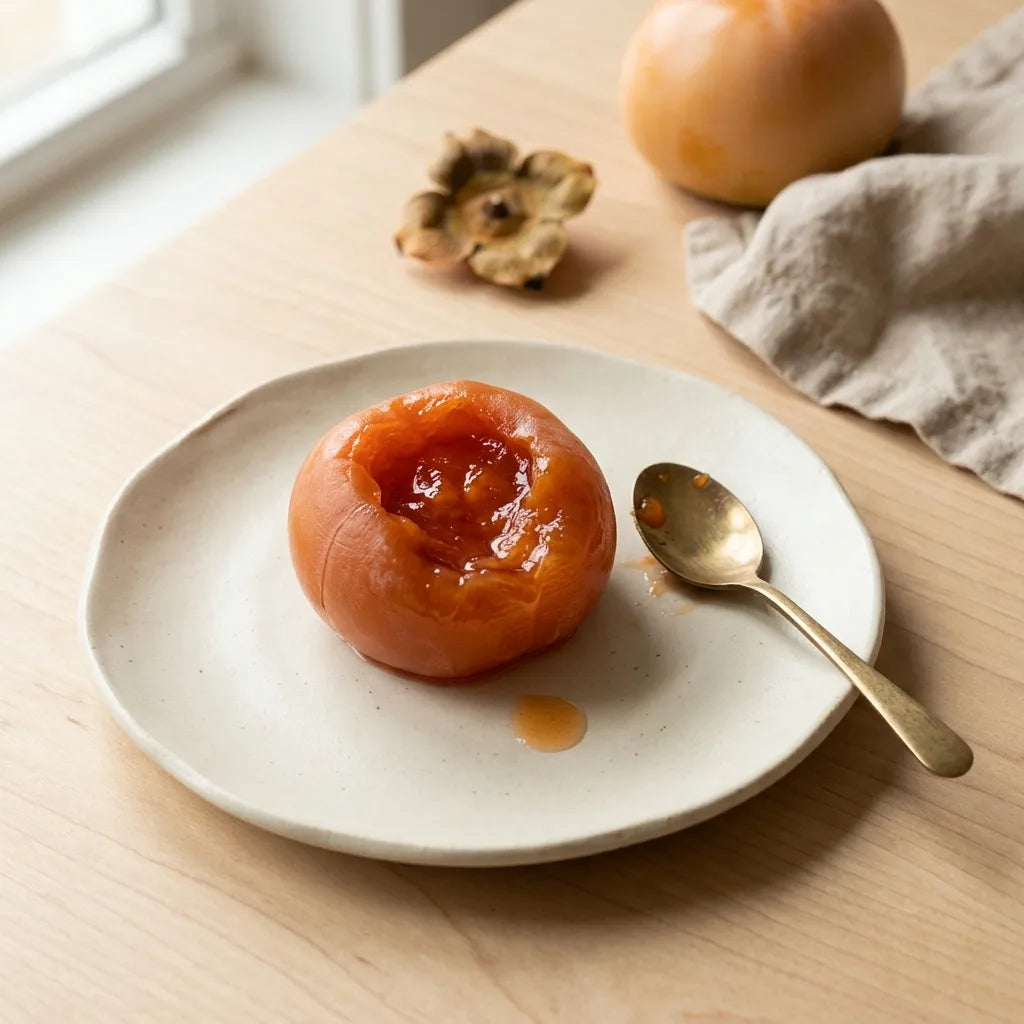 Kaki blet degustee a la cuillere, chair fondante translucide dans une coupe en ceramique creme