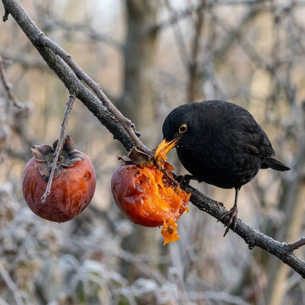 Merle noir male se nourrissant d un kaki reste sur l arbre en hiver