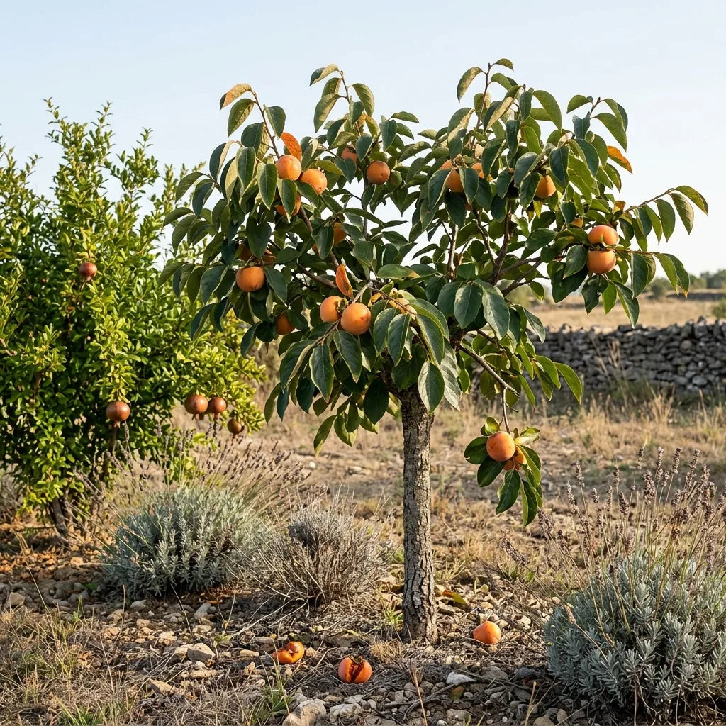 Plaqueminier en verger mediterraneen borde de lavandes, port etale et fruits orange en automne