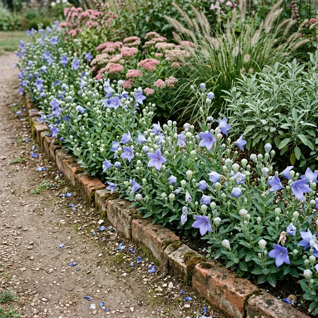 Bordure de Platycodon le long d'une allée de jardin de campagne — SemiSauvage