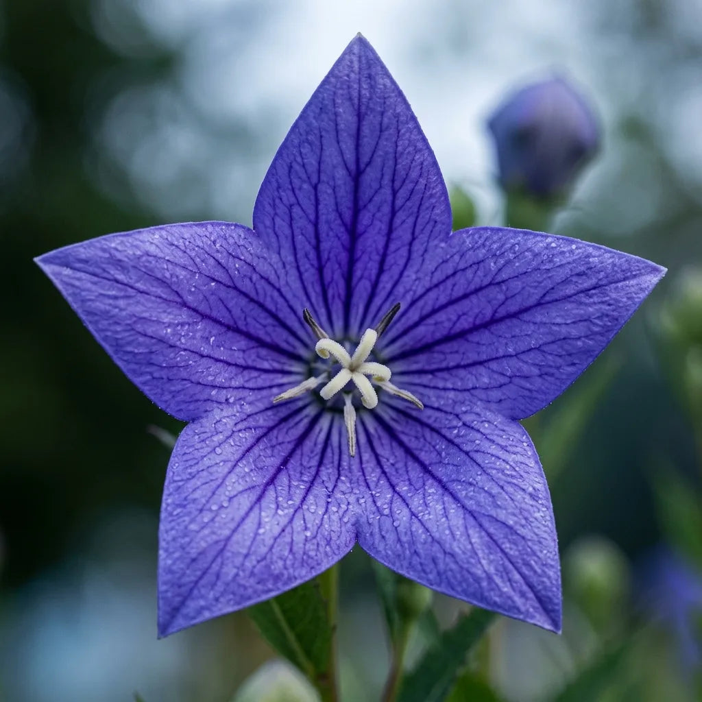 Fleur étoilée bleu-violet de Platycodon sous la rosée, macro — SemiSauvage