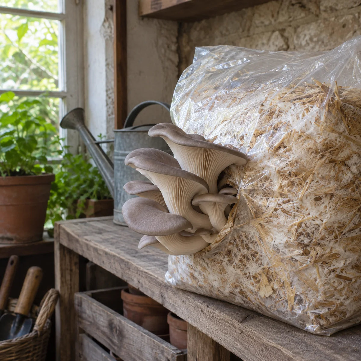 Pleurotes gris sur un sac de paille colonisée, dans un atelier de jardin.
