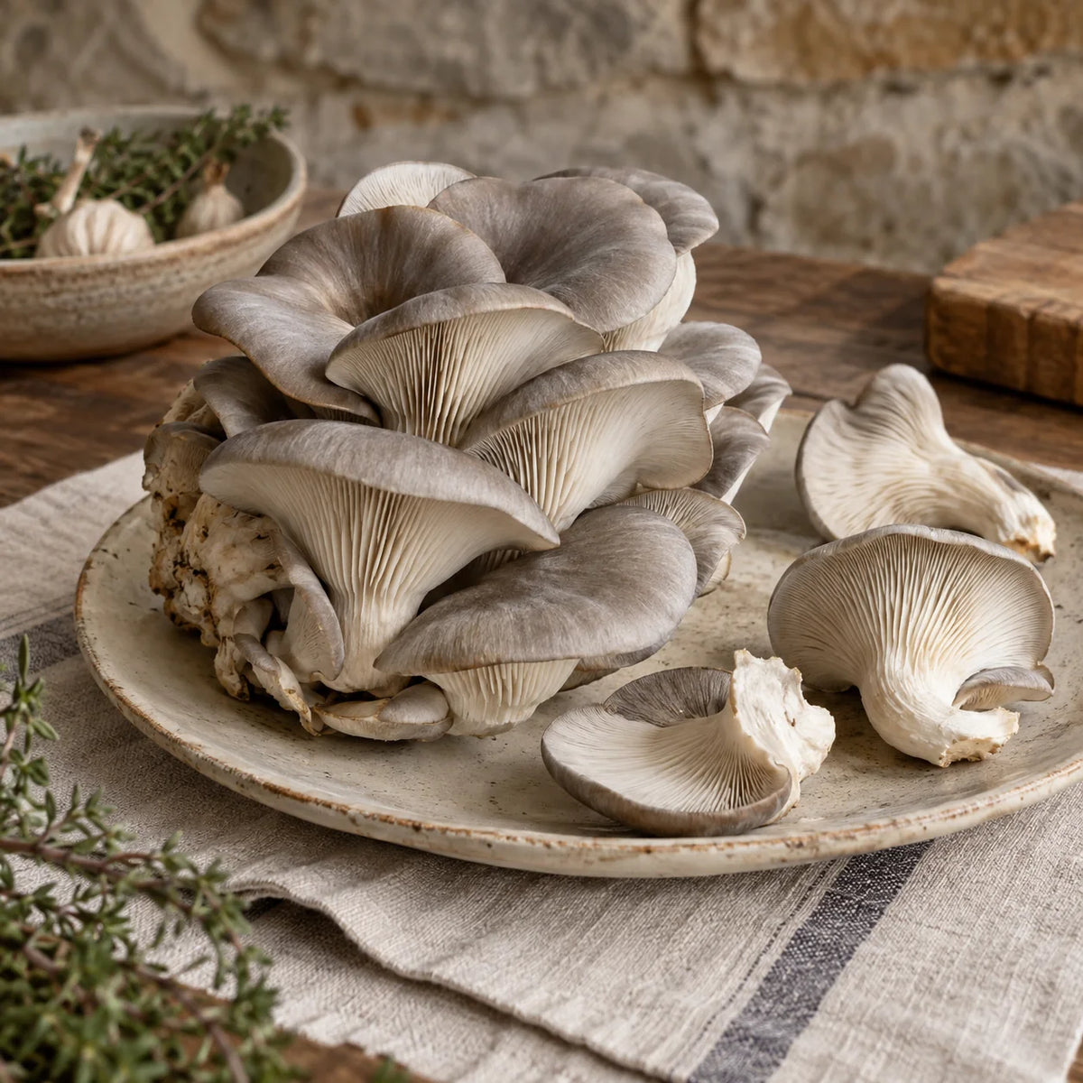 Pleurotes gris sur une assiette en céramique, détail des chapeaux et des lamelles.