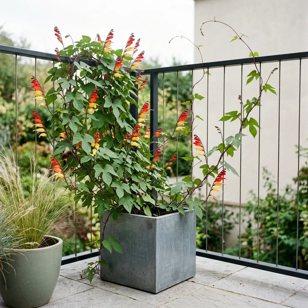 Plume d'Indien cultivée en bac et habillant une rambarde de balcon — SemiSauvage