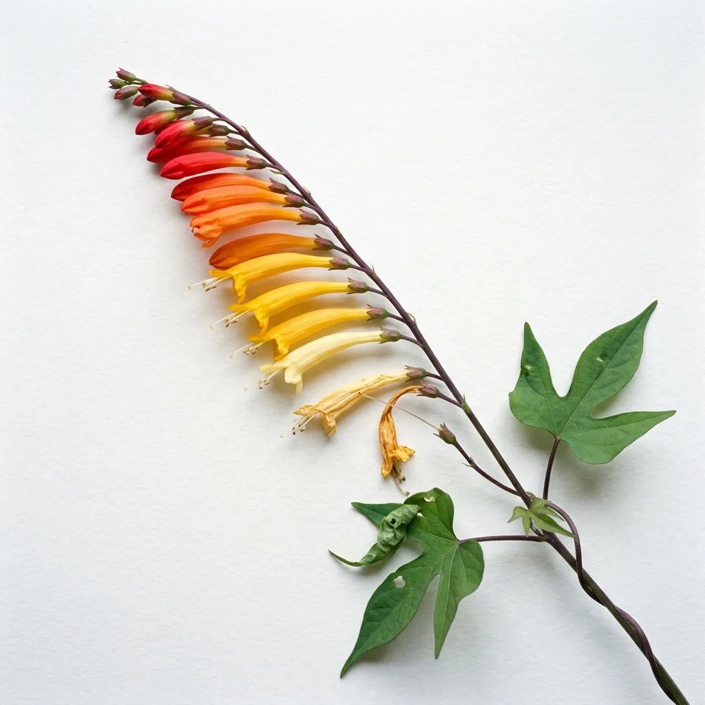 Grappe unilatérale de plume d'Indien (Ipomoea lobata), dégradé du rouge au jaune, sur fond blanc — SemiSauvage