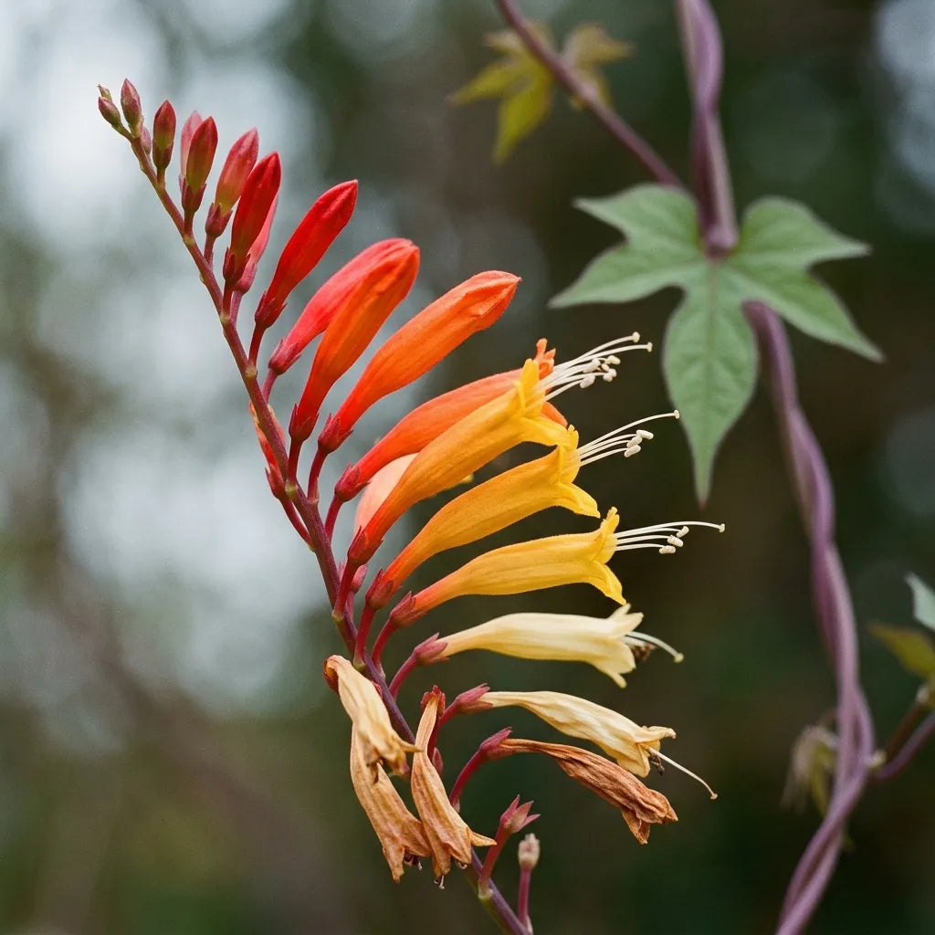 Macro d'une grappe de plume d'Indien : fleurs tubulaires et dégradé de couleurs, détail botanique — SemiSauvage