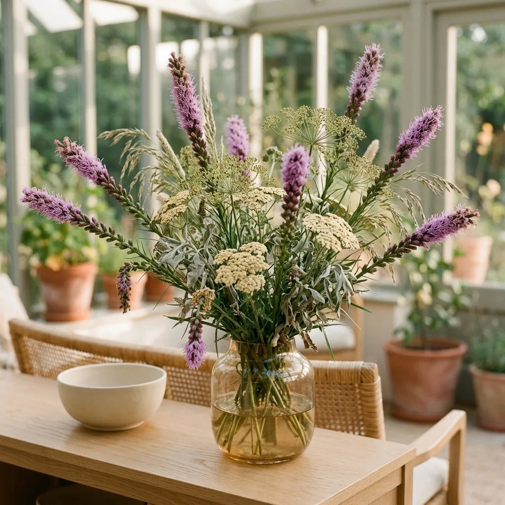 Bouquet d'été de plumes du Kansas dans un vase en verre soufflé, en véranda