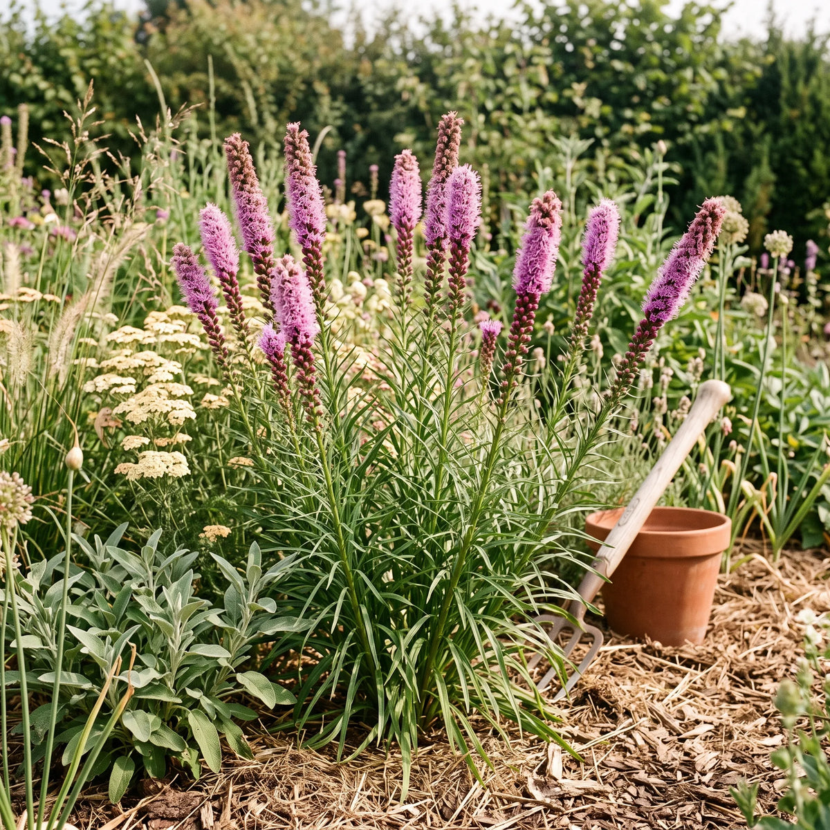 Touffe de plume du Kansas en pleine floraison dans un massif d'été ensoleillé