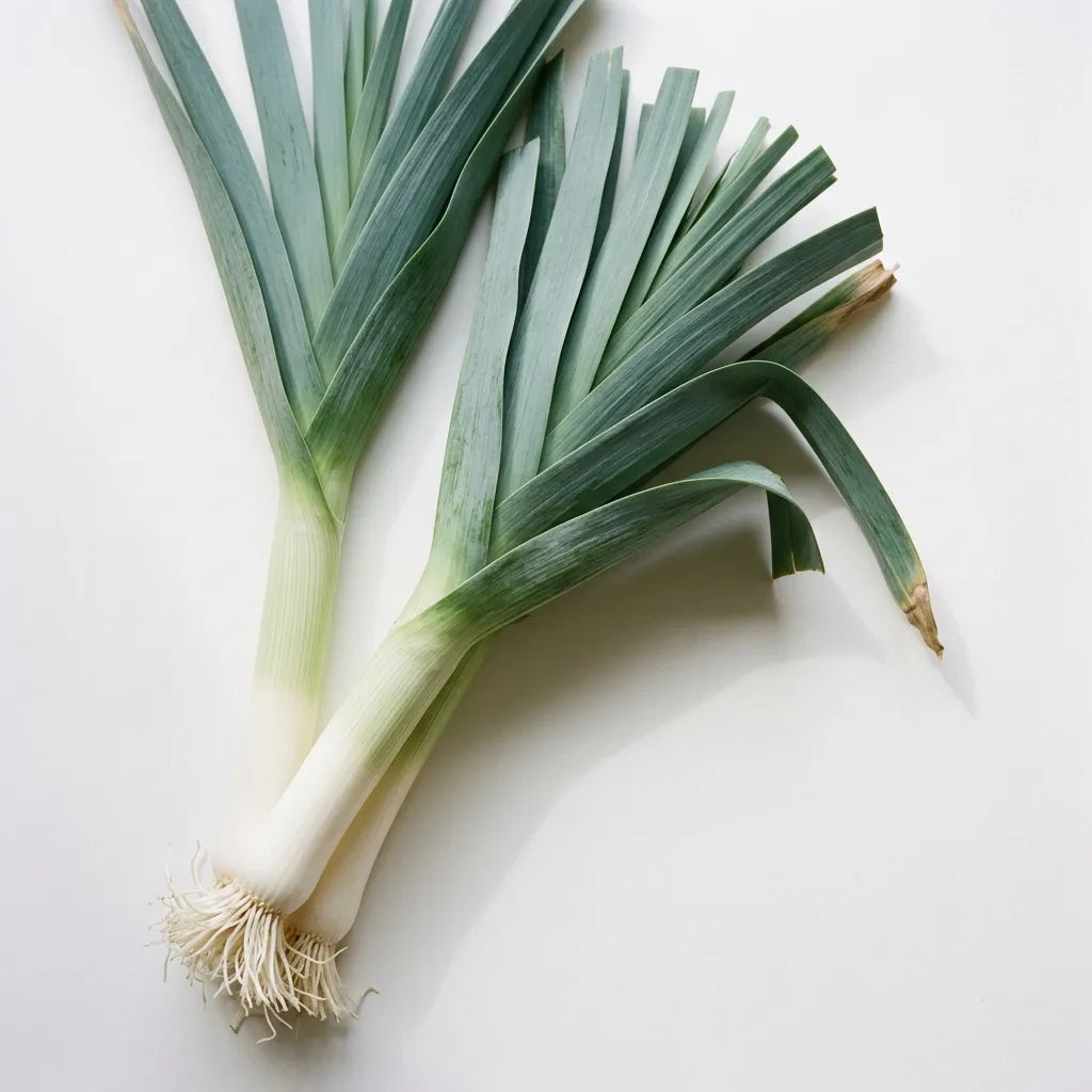 Poireaux entiers (Allium porrum) sur fond blanc : fût blanc nacré et feuilles plates en éventail — SemiSauvage