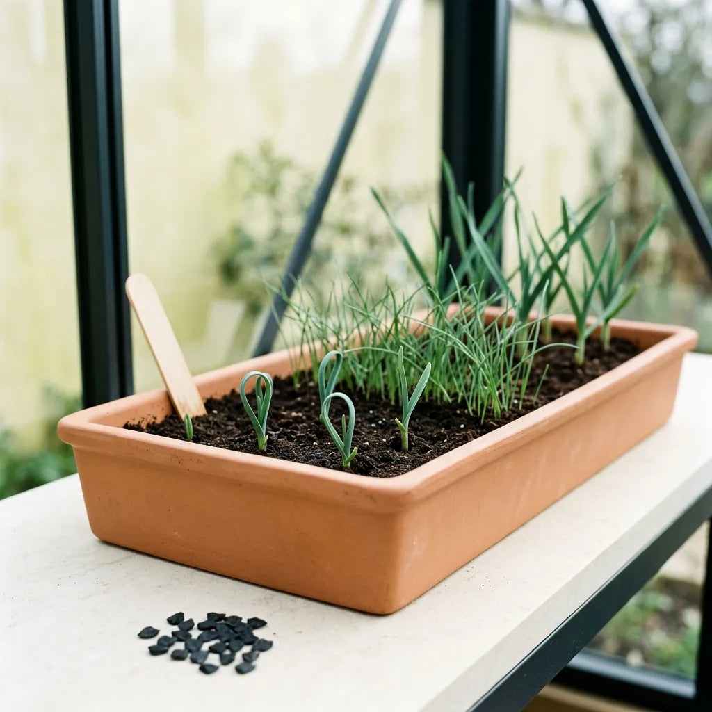 Pépinière de poireaux en terrine : levée en crosse, jeunes plants et graines noires — SemiSauvage