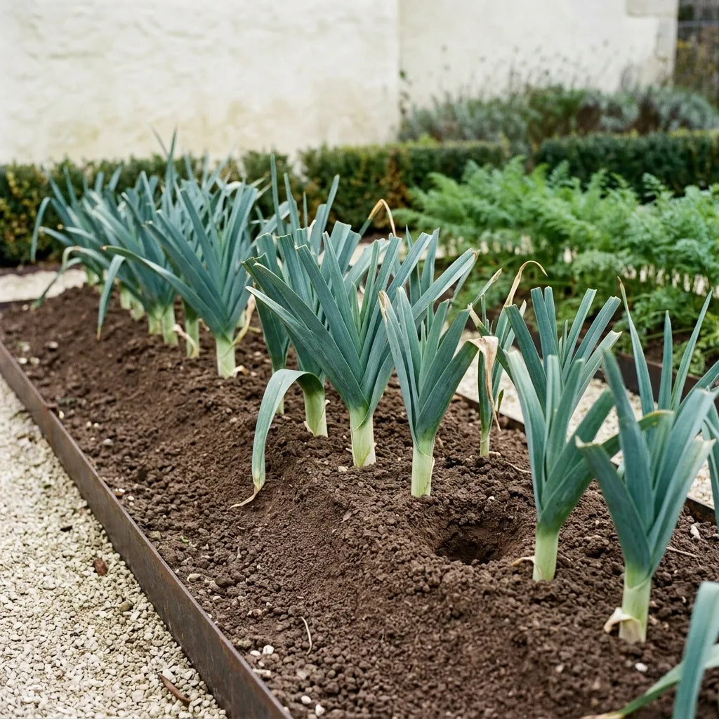 Rang de poireaux buttés au potager, éventails de feuilles glauques sur deux rangs — SemiSauvage