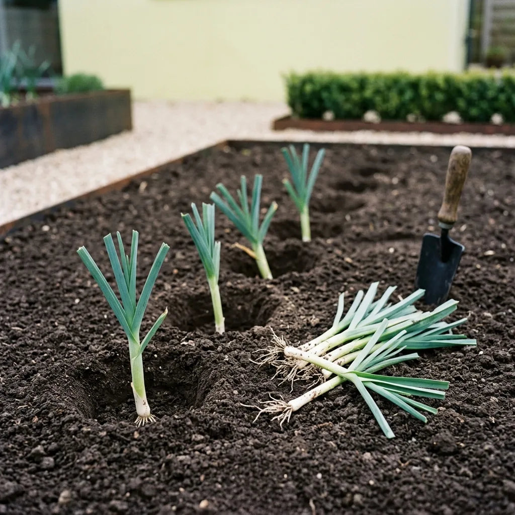 Repiquage des poireaux au plantoir : jeunes plants taille crayon, racines et feuillage habillés — SemiSauvage