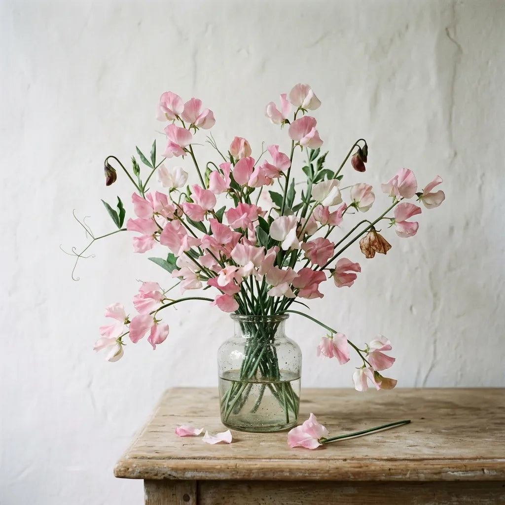 Bouquet de pois de senteur roses coupés dans un vase de verre ancien — SemiSauvage