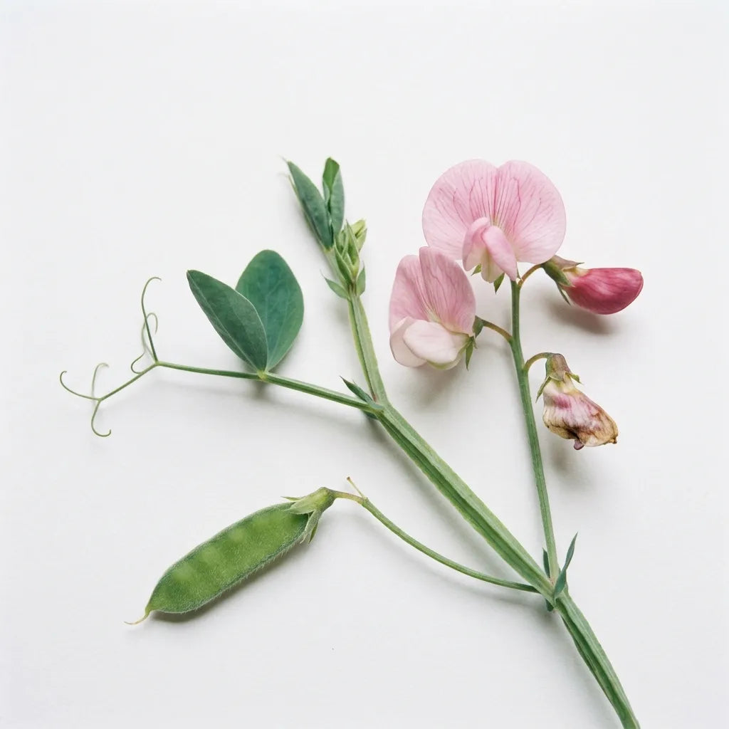 Brin de pois de senteur nain Cupid Pink, fleurs roses, vrille et jeune gousse, sur fond blanc — SemiSauvage