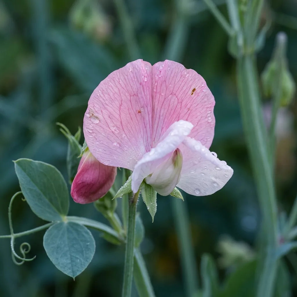 Fleur de pois de senteur rose sous la rosée, étendard froissé et ailes pâles, macro — SemiSauvage