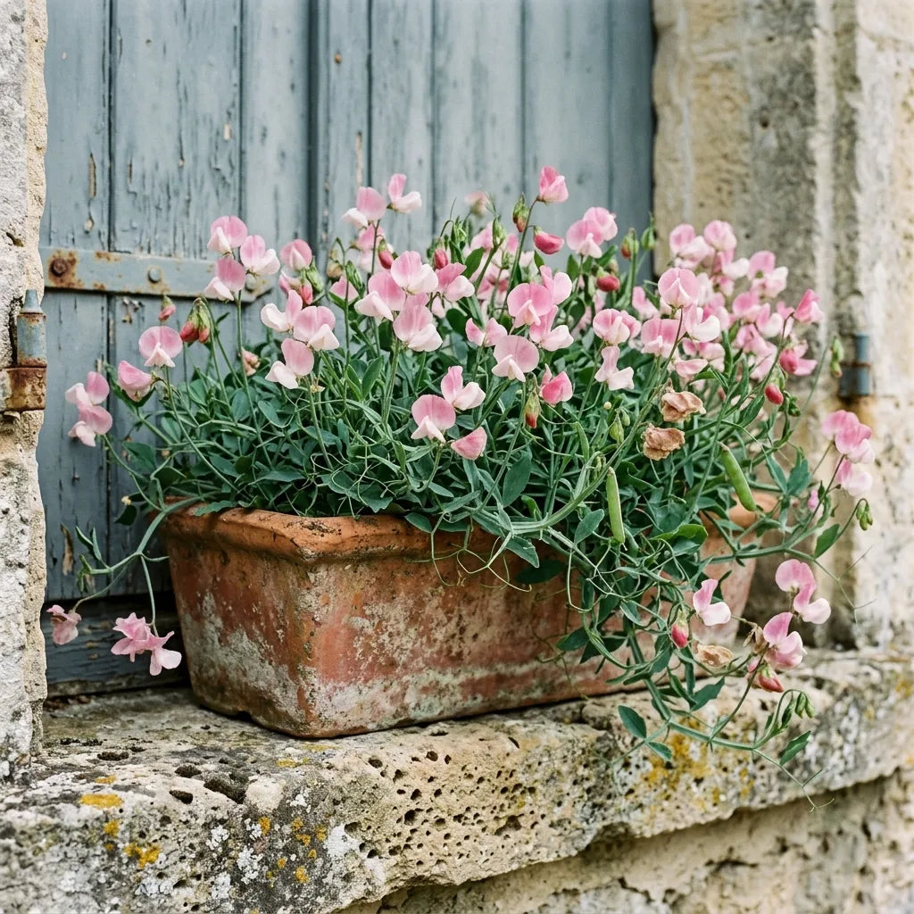 Jardinière de pois de senteur nains en fleurs sur un appui de fenêtre de pierre — SemiSauvage