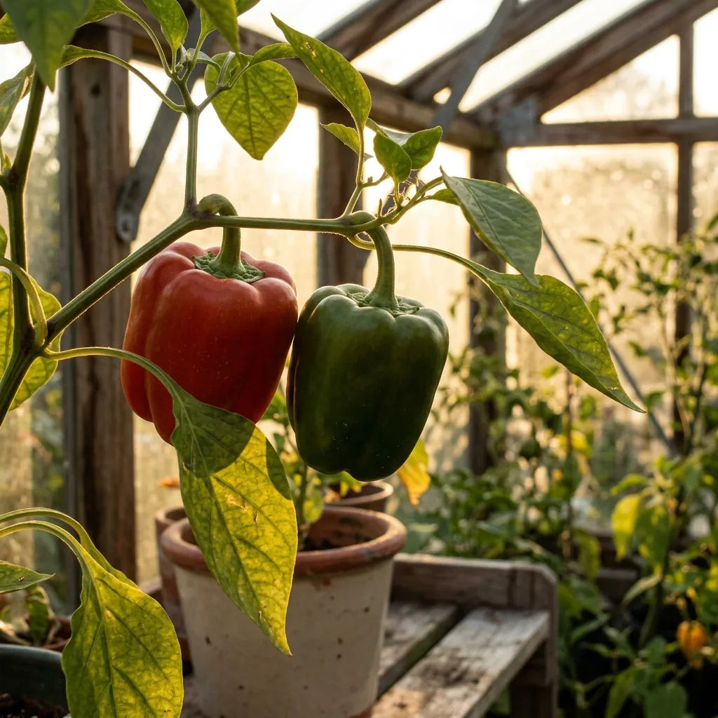 Poivrons California Wonder en contre-jour doré sous une serre de jardin