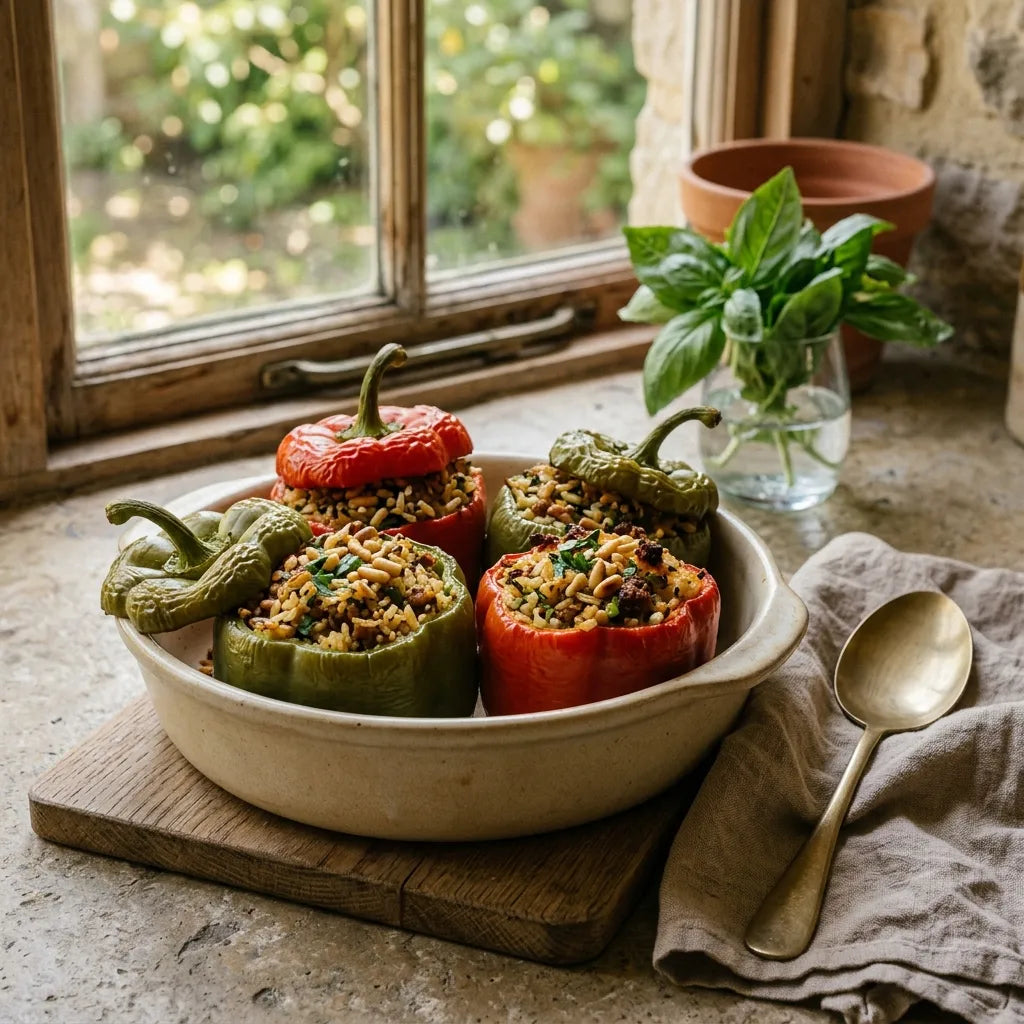 Poivrons California Wonder farcis et gratinés dans un plat en céramique artisanale