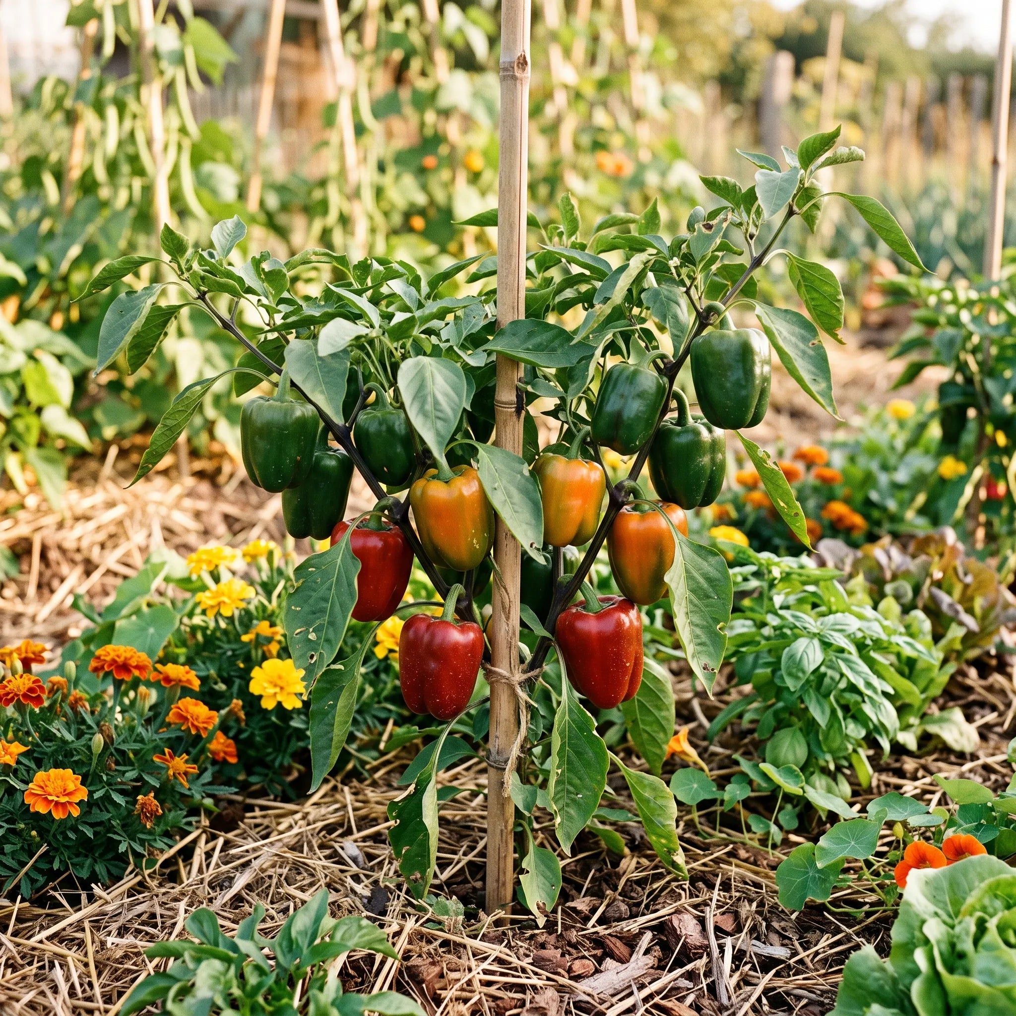 Pied de poivron California Wonder chargé de fruits dans un potager de permaculture