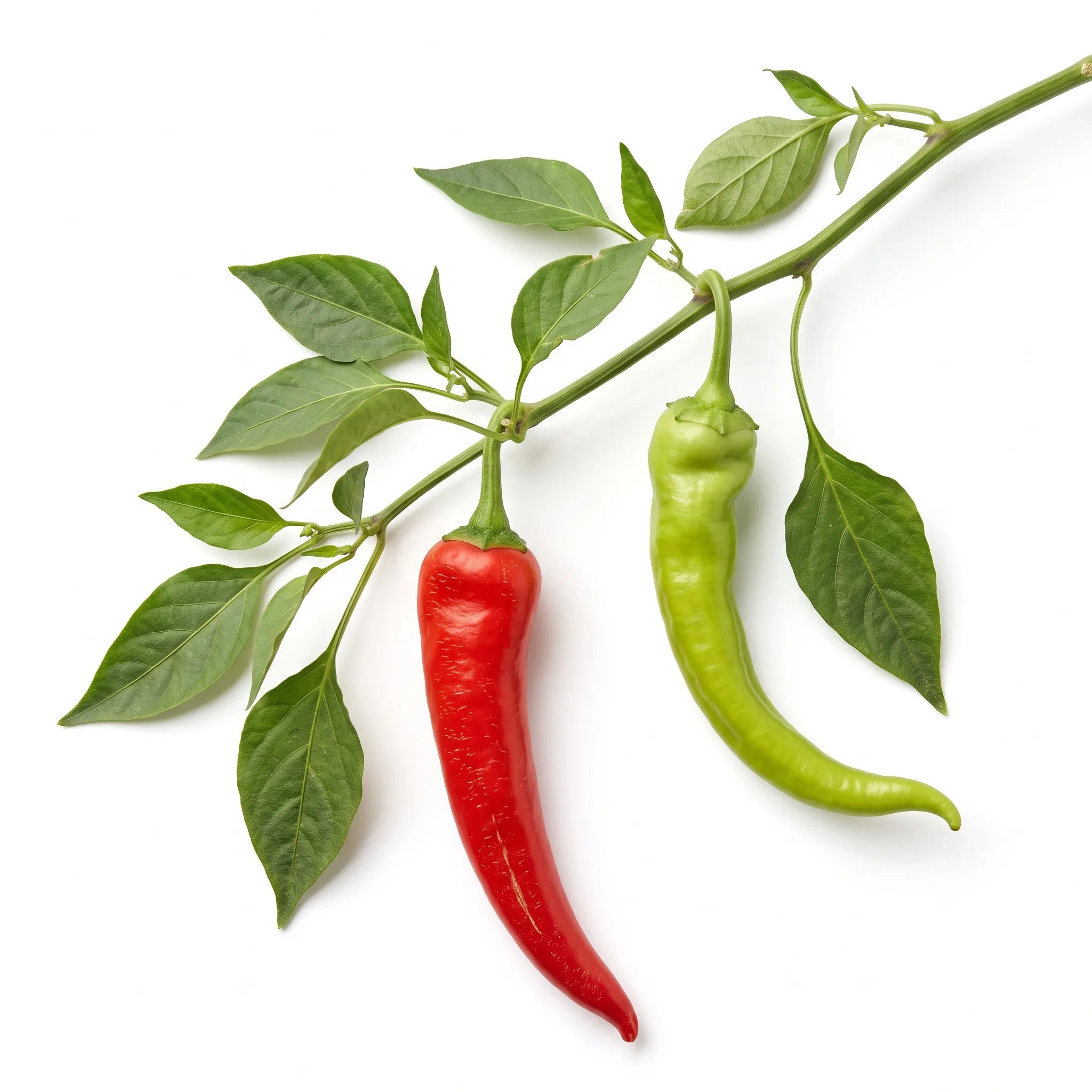 Rameau de poivron Corne de Bœuf aux longs fruits coniques rouge et vert, sur fond blanc