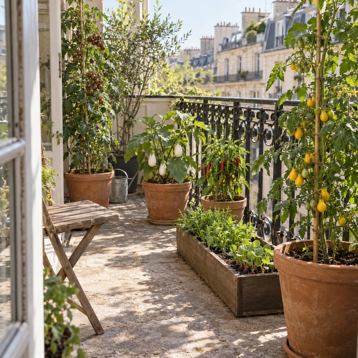 Potager sur un balcon urbain avec tomates tuteurées, aubergine blanche, piment et jardinière de légumes.