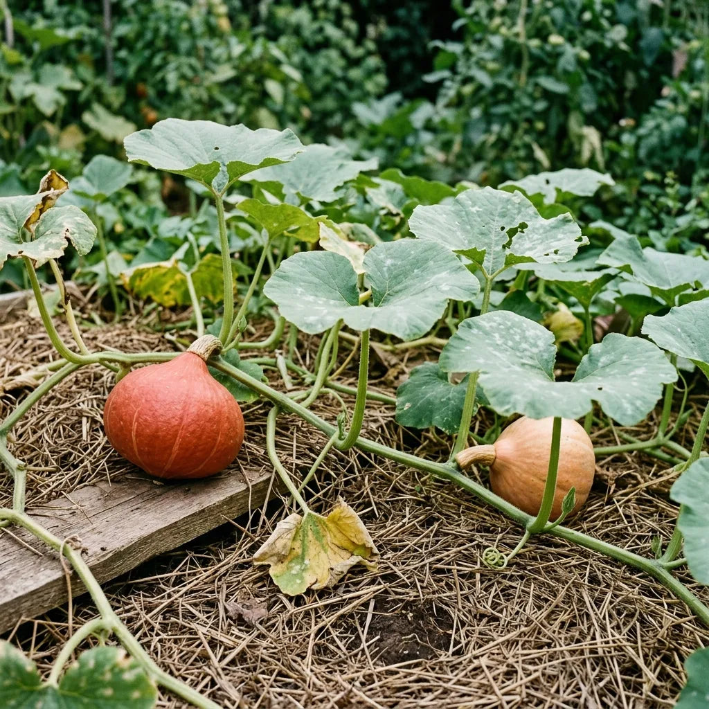 Pied coureur de potimarron au potager, fruits posés sur le paillage — SemiSauvage